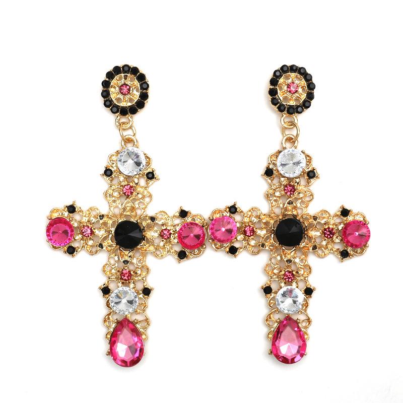 European Luxury Hollow Design Earrings with Rhinestone and Gemstone Cross Accents