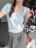 Short-sleeved knitted sweater new summer thin front shoulder t-shirt women's short square neck top thin bottoming shirt