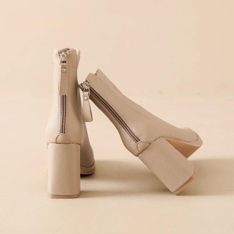 Bazk Zipper Dec Women Ankle Boots 8cm High Heels Sexy Stretch Boots Elegant Sewing Short Plush Warm Winter Woman Shoes