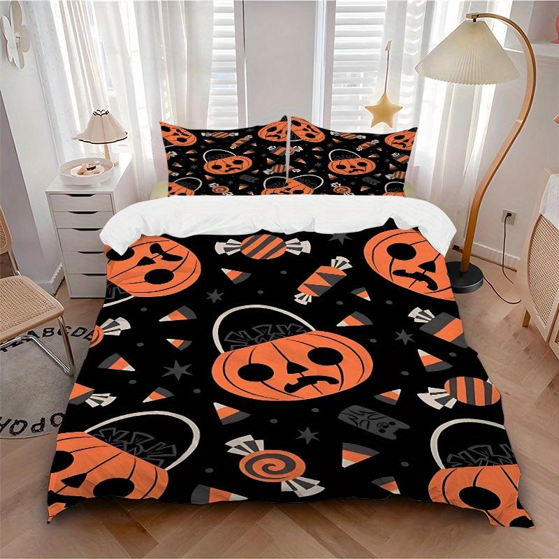 3Pcs Pumpkin, Halloween Printed Bedding Set, Breathable And Soft, Machine Washable, Christmas Gift, Suitable for Bedroom Decoration, 15144