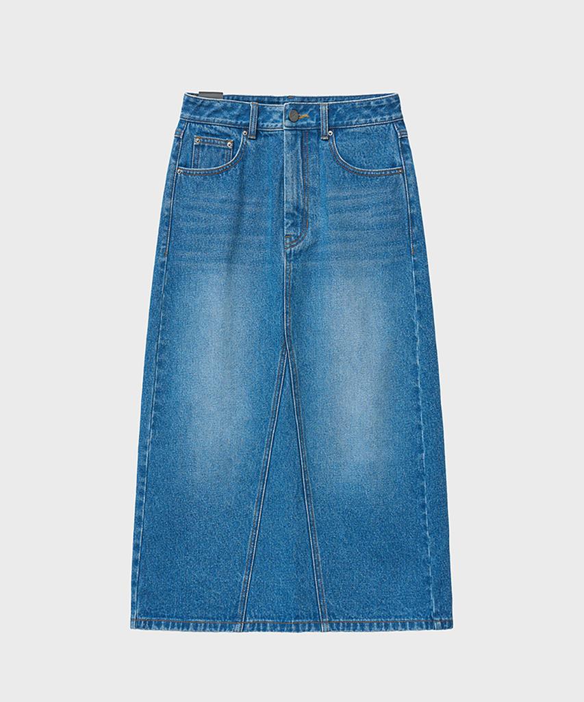 Noir For Woman Washed Blue Denim Midi Skirt (Blue)