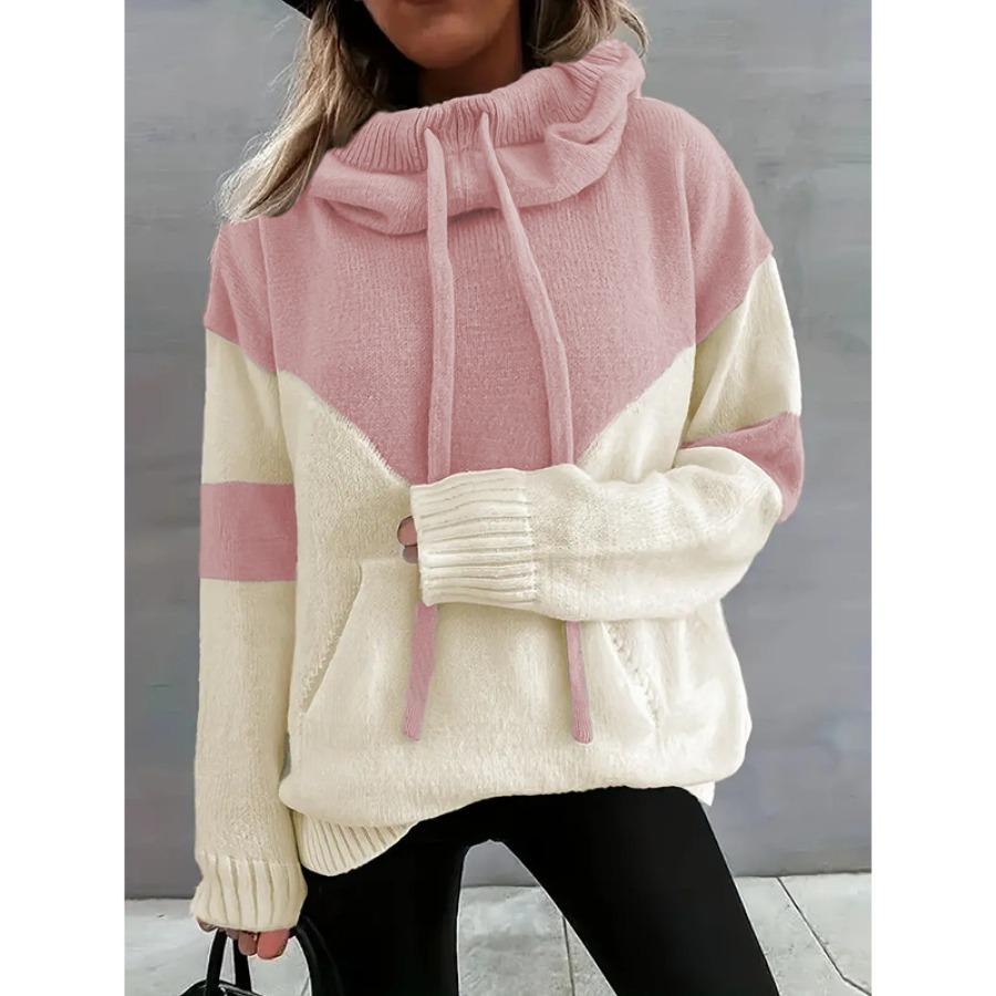Color Block Drawstring Hooded Sweater, Casual Long Sleeve Pullover Sweater With Pocket, Women's Clothing