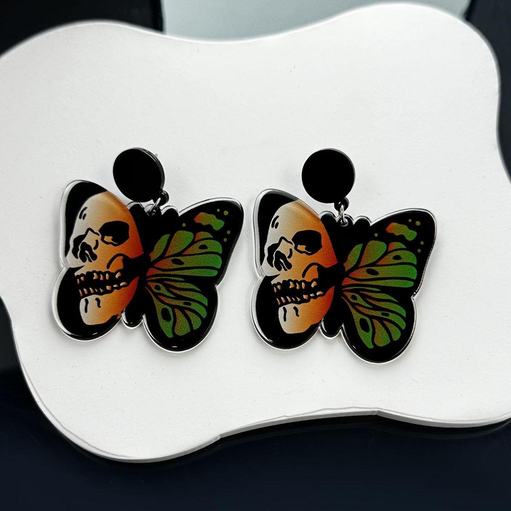 Silver Needle Butterfly Skull Acrylic Halloween Earrings for Women