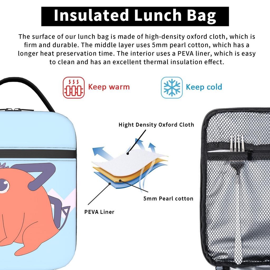 C-Chainsaws Man Anime Insulated Lunch Bag High Capacity Cute Pochita Meal Container Thermal Bag Tote Lunch Box Food Handbags