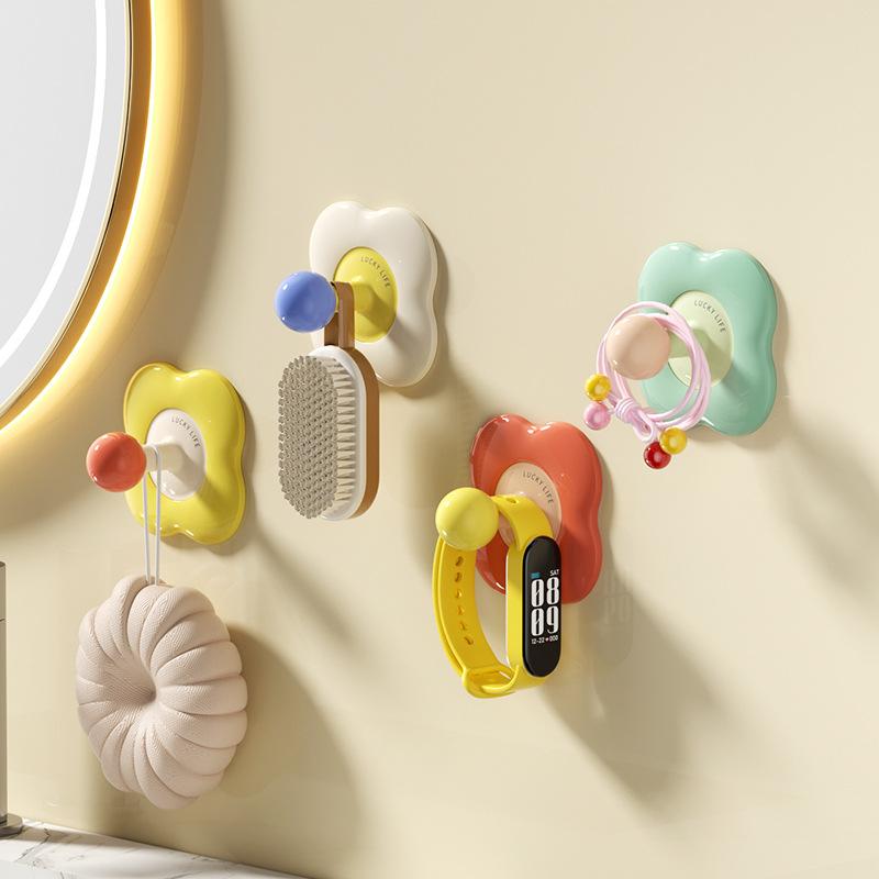 4PCS Dopamine Flower Hooks, Punch-free Entrance Door Key Holder, Sticky Hook, Traceless Towel Rack, Strong Load-bearing Clothes Hook