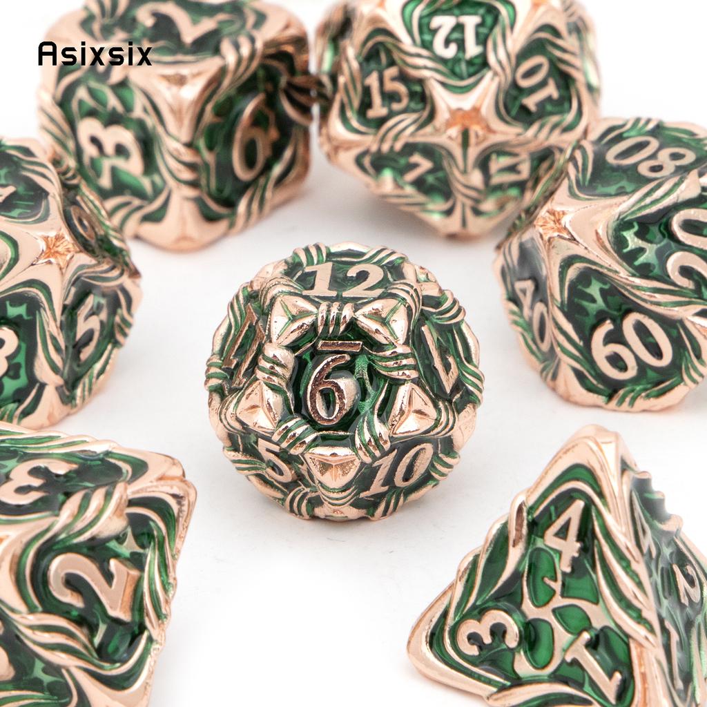 7 Pcs Yellow Green Tree Vine Metal Dice Solid Metal Polyhedral Dice Set Suitable for Role-Playing RPG Board Game Dice RPG