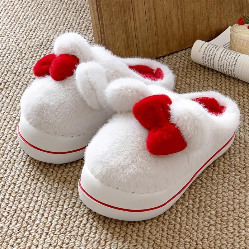 Winter new plush bow rabbit cotton shoes cotton mop outer wear home fleece thickened warm