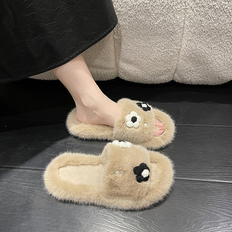 Cute Flower Korean Version of the New Mao Mao Slippers Women Wear Platform Trendy Shoes Autumn and Winter Warm Household Cotton Slippers