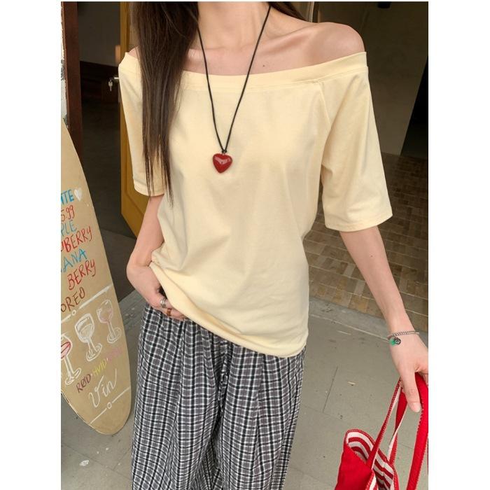 No Price Reduction #Irregular Pure Desire Slanted Shoulder Short-sleeved T-shirt Ins Trendy Loose and Thin Solid Color Chic Top Women's Summer