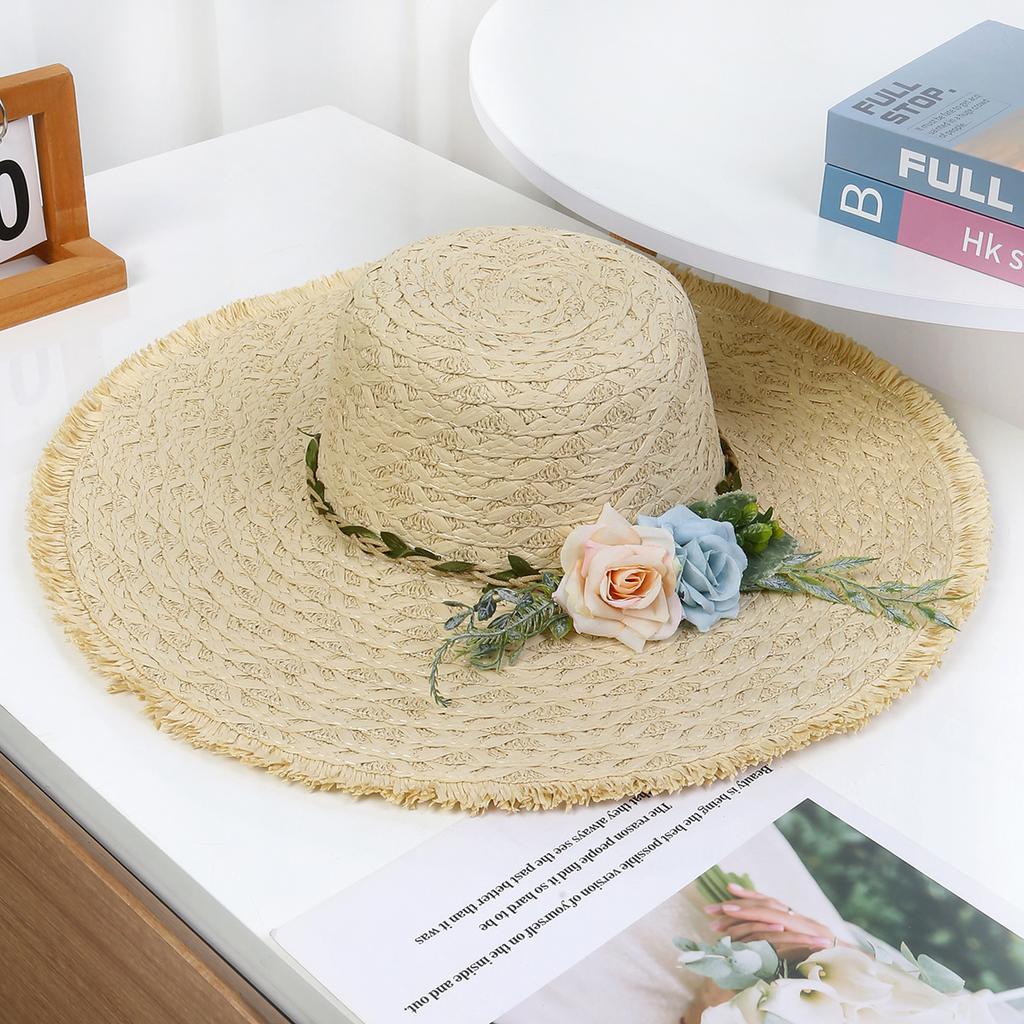 Lace Bow Straw Hat Women's Summer French Large Brim Sunscreen Hat Seaside Beach Vacation Sun Hat
