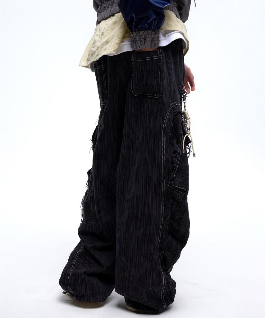 Aleseueseussi Wrinkle Mixed Stripe Cargo Pants - Black