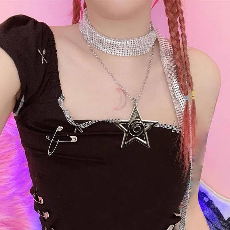 Adjustable Chain Star Pendant Necklace Y2K Spirals Rune Clavicle Chain Durable Choker Punk Hip Hop Jewelry Women Girl