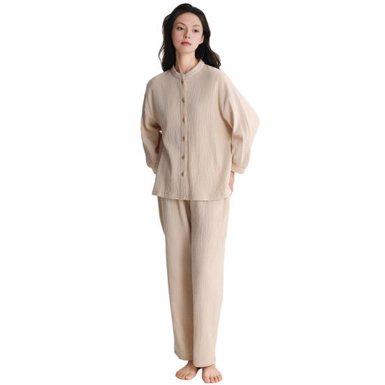 Women's Cotton Pajama Set Button Down Long Sleeve Top And Long Pants Loungewear Set Casual 2 Piece Sleepwear