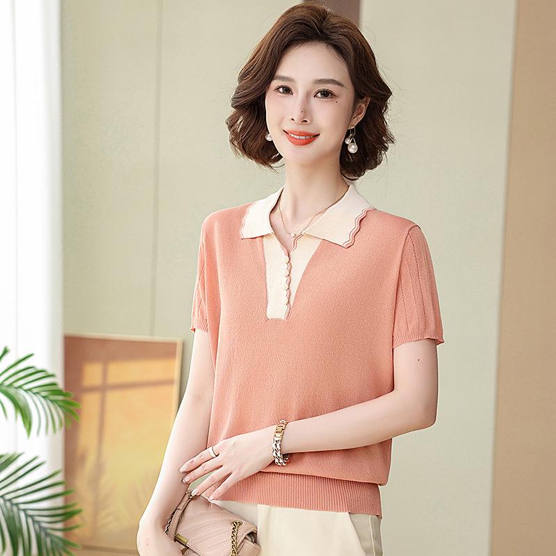 2026 Stylish Ice Silk Knit Lapel T-Shirt for Middle-Aged and Elderly Moms - Summer Short-Sleeve Top