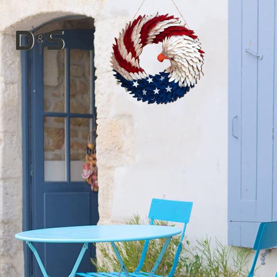 Patriotic Eagle Wreath 4th of July Wooden Decoration Indoor Outdoor Front Door Wall Hanging Independence Day Memorial Day Door Sign Pendant