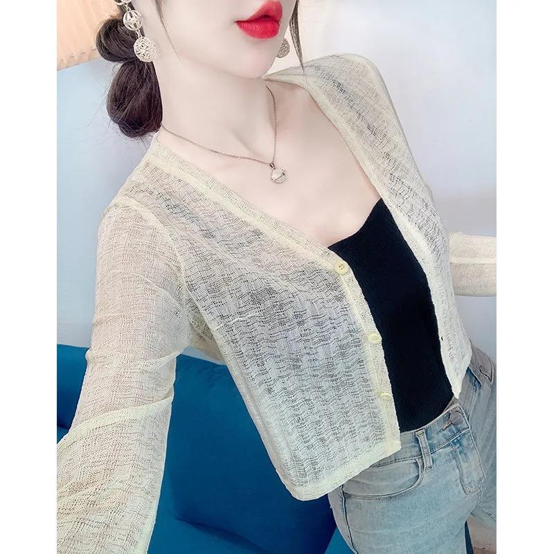 Women's Sheer Knit V-Neck Cropped Cardigan Cover Up