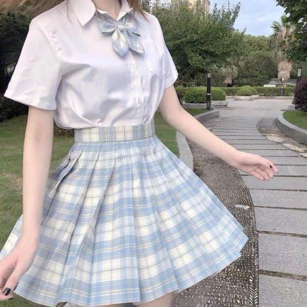 Japanese School Uniform JK Pleated Skirt Korean Student Sailor Full Set Girl Plaid Skirt Pink Uniforms for Woman