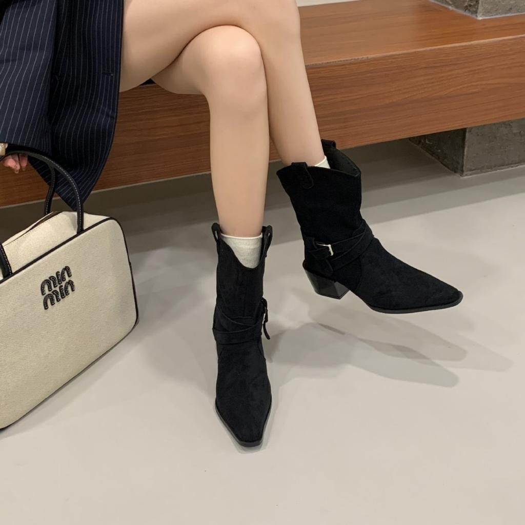 2025 New Pointed Belt Buckle Low Tube Thin Suede Fashion Martin Chelsea Women's Short Boots