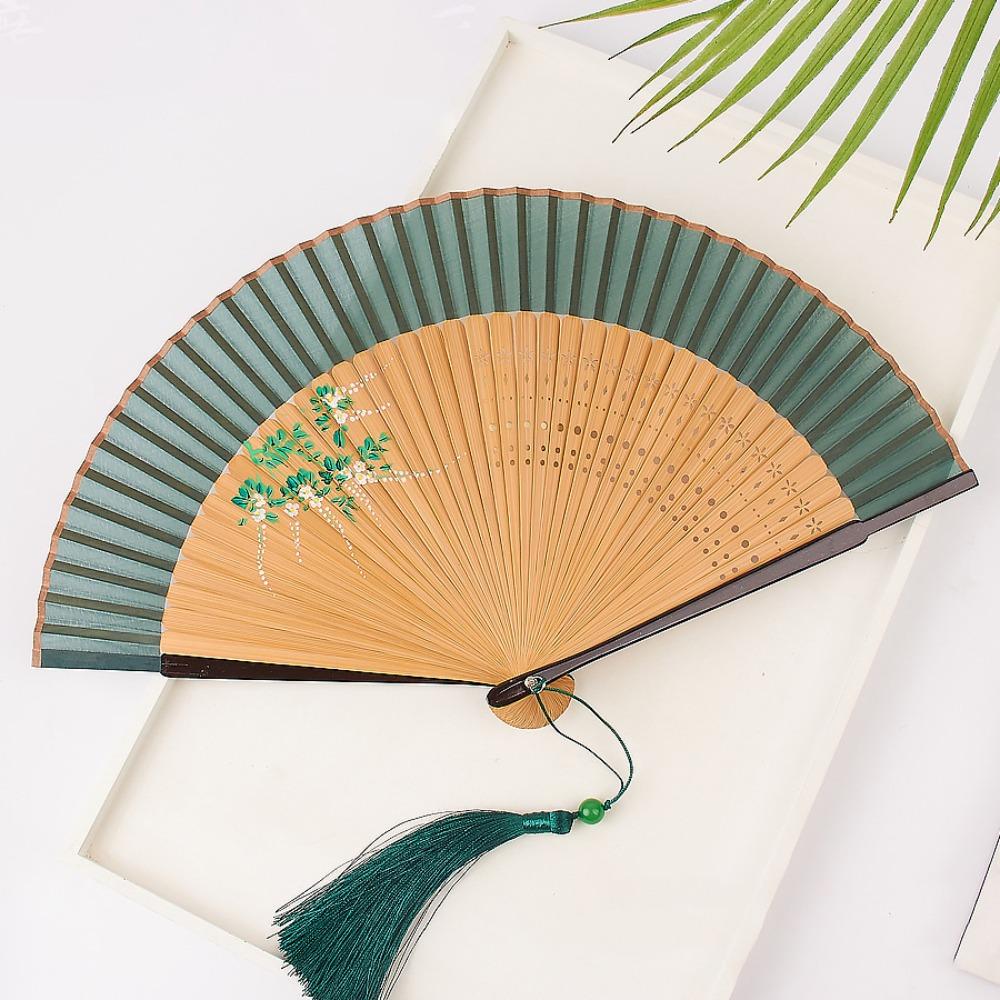 Elegant Carved Bamboo Folding Fan Flower Tassel Folding Fan Portable Handheld Fan  Wedding