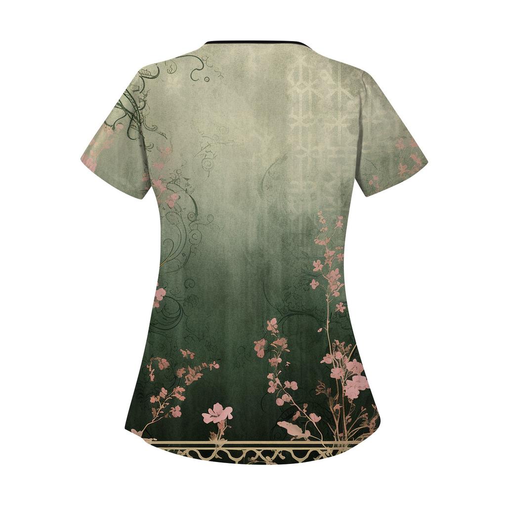 Damen Bedruckte Arbeitskleidung, Schräger Kragen und Doppellagige Taschen, Basic Oberteil Pullover