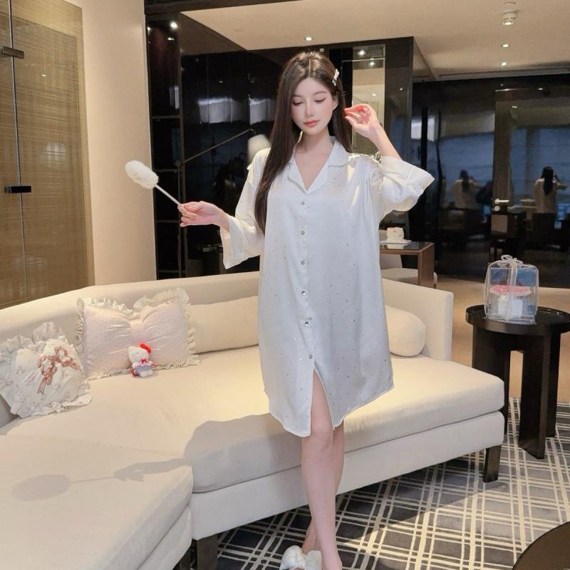 Pajamas Women's Summer Ice Silk Shirt Skirt Short Sleeve Loose Korean Sequins Sweet Premium White Internet celebrity Thin