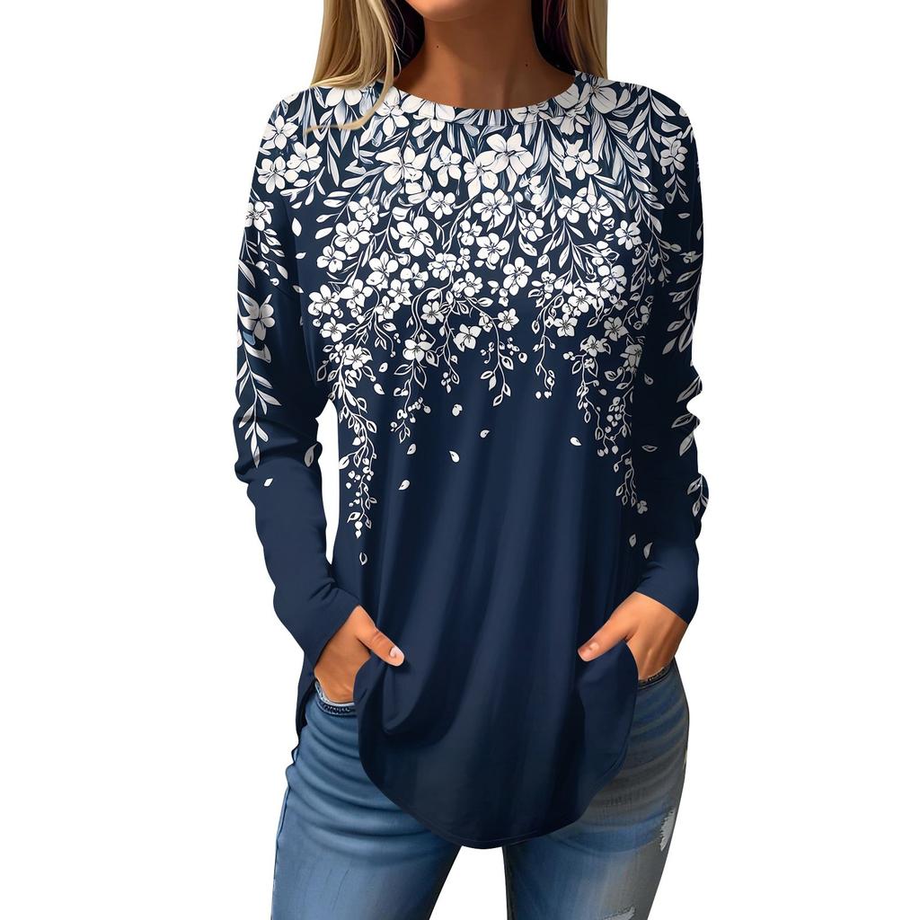Women's Loose Round Neck Print Long Sleeve T-Shirt Top Pullover