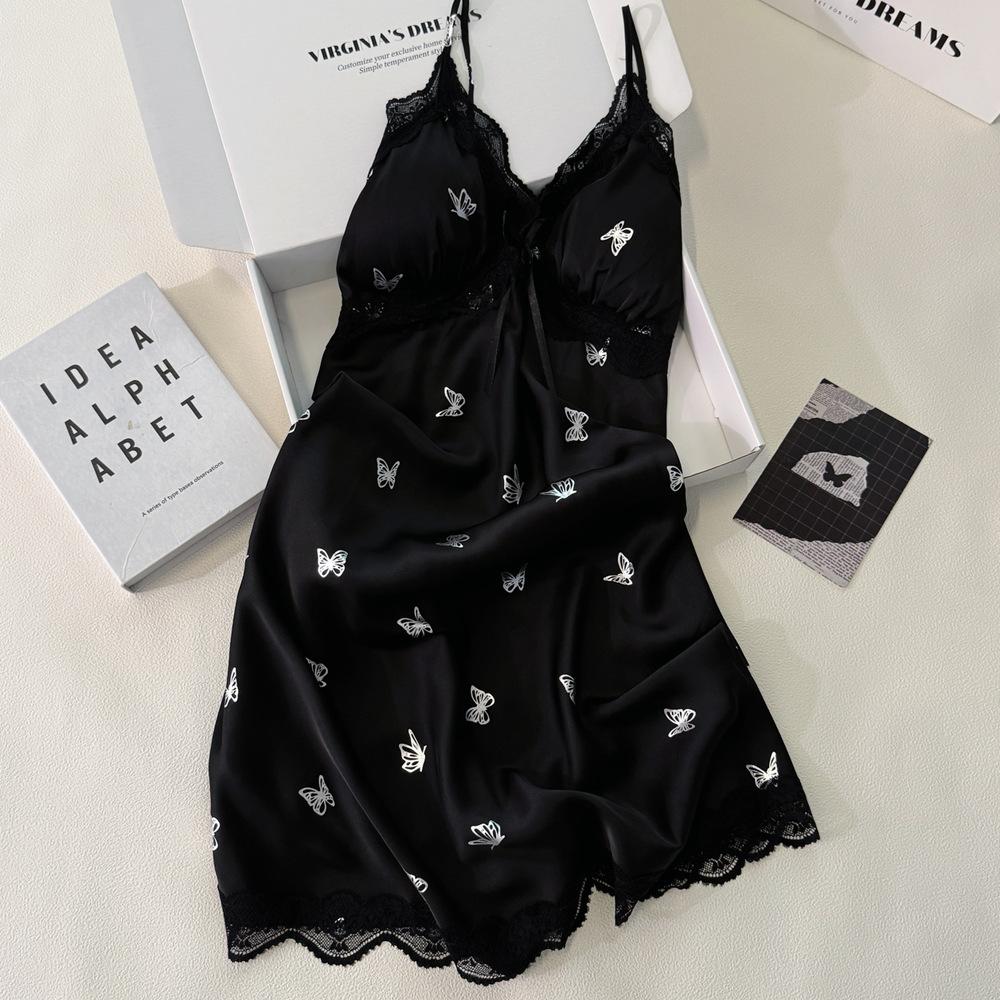 Ice Silk Women's Summer Sexy Suspender Nightdress Love Ironing Silver Butterfly Loose Pajamas Lace Silk Loungewear