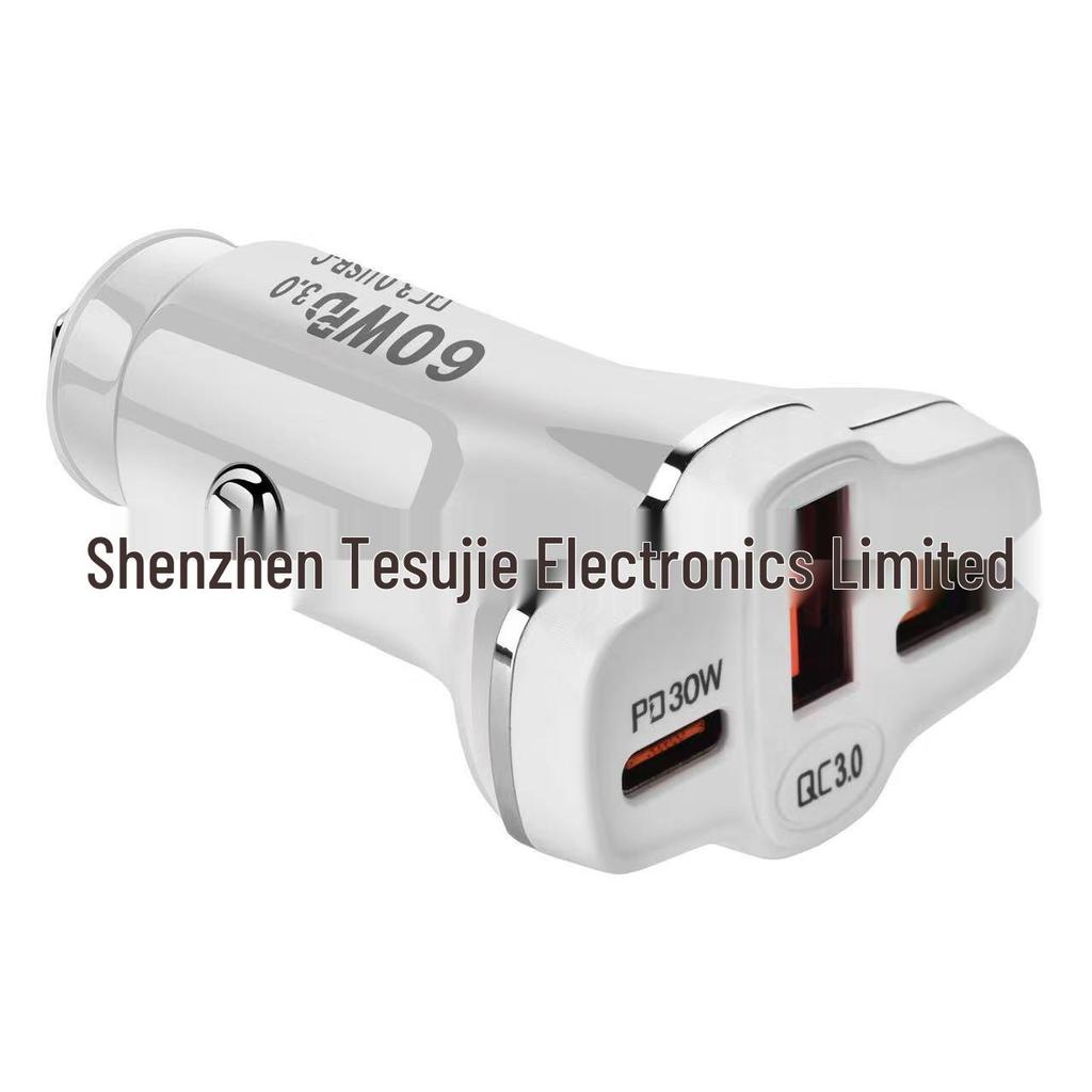 Apple-Compatible Super Fast 60W Car Charger with Three Ports (Dual USB-C)