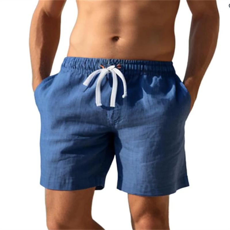 Men Solid Linen Blend Beach Short Elastic Waist Drawstring Casual Shorts