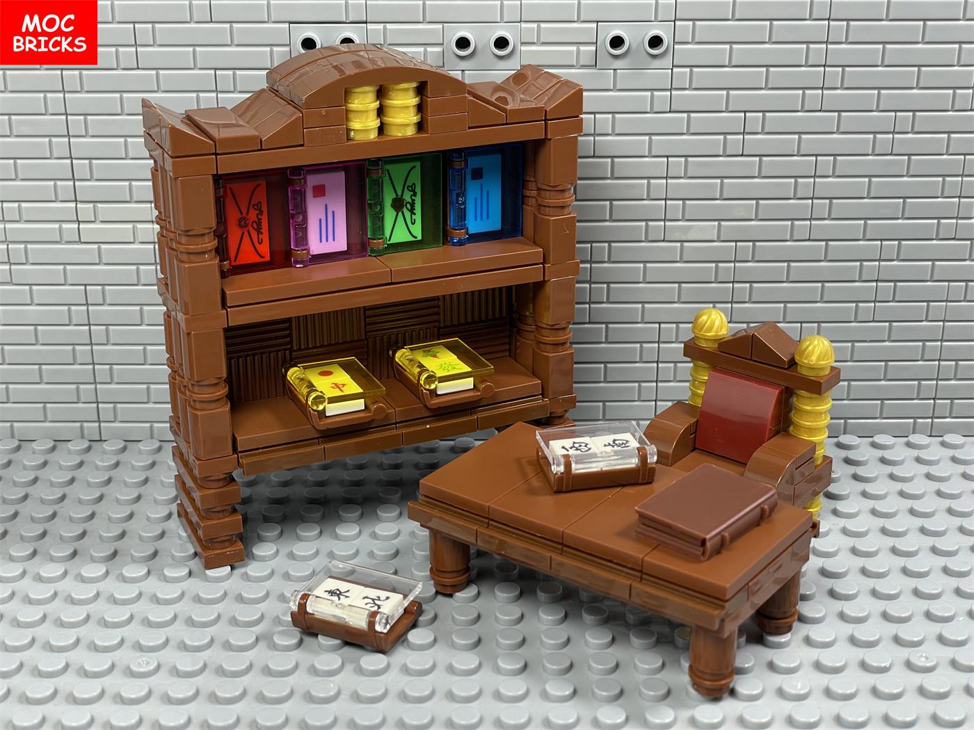 Kit MOC Steine DIY Brauner Klassischer Schreibtisch & Stuhl und Bücherregal Magisches Buch Bausteine Spielzeug ideal für Kinder Weihnachtsgeschenke black