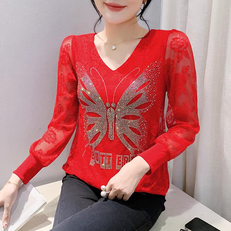 Primăvară Toamnă Nou Mânecă Lungă Sexy Dantelă Tricou Femei Casual Gât în V Fluture Diamante Fierbinți Tricou Doamnelor Topuri Elegante