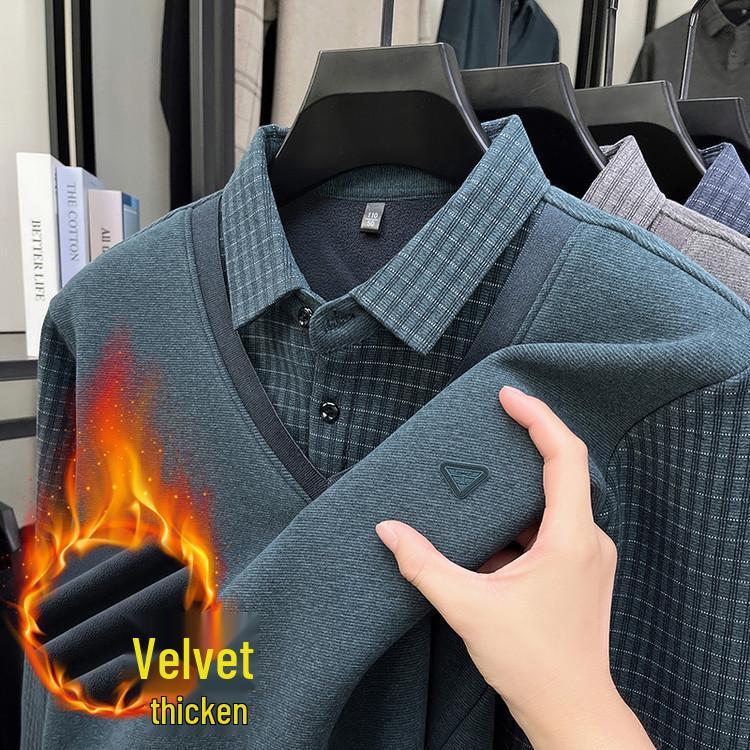 2025 Winter Men's Faux Two-Piece Sweater: New Thick Knit with Shirt Collar and Warm Velvet Layer