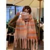 Autumn and winter rainbow plaid warm scarf sweet soft waxy long mohair fringed scarf retro