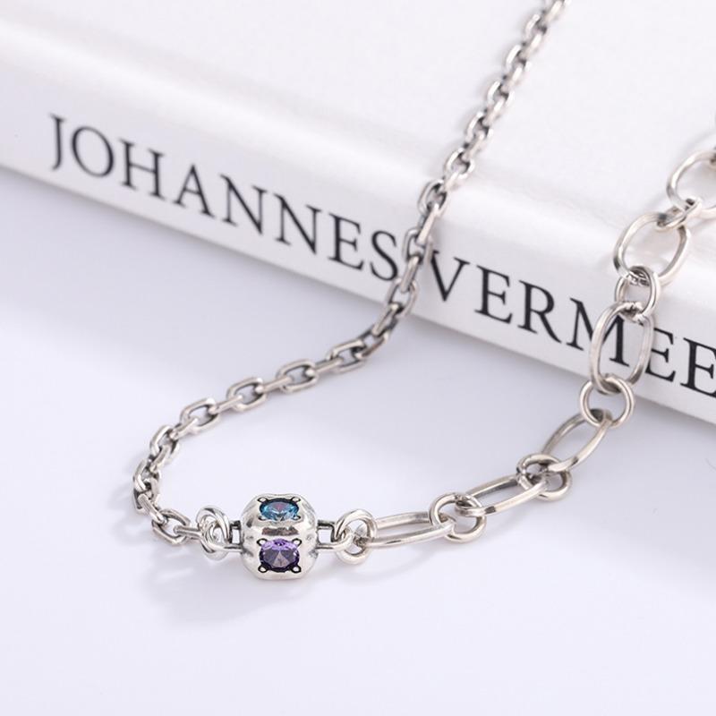 S925 Sterling Silver Retro One Colored Zirconium Dice Double-layer Splicing Chain Necklace Women's Niche Design Sense Advanced Cold Wind