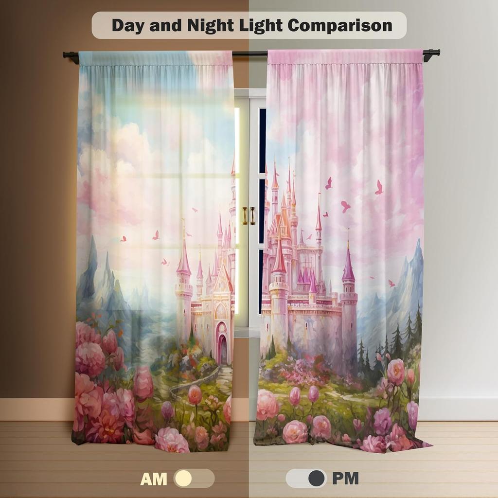 Princess Castle Window Curtains Kids Girls Magic Pink Fantasy World Fairytale Landscape Baby Living Room Bedroom Nursery Made Of Polyester Area Decor