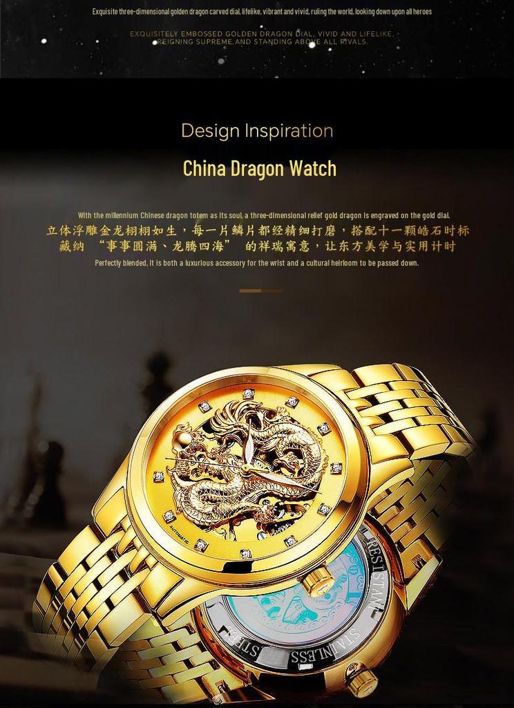 NARY Gold Dragon Waterproof Stainless Steel Skeleton Automatic Watch 18028.