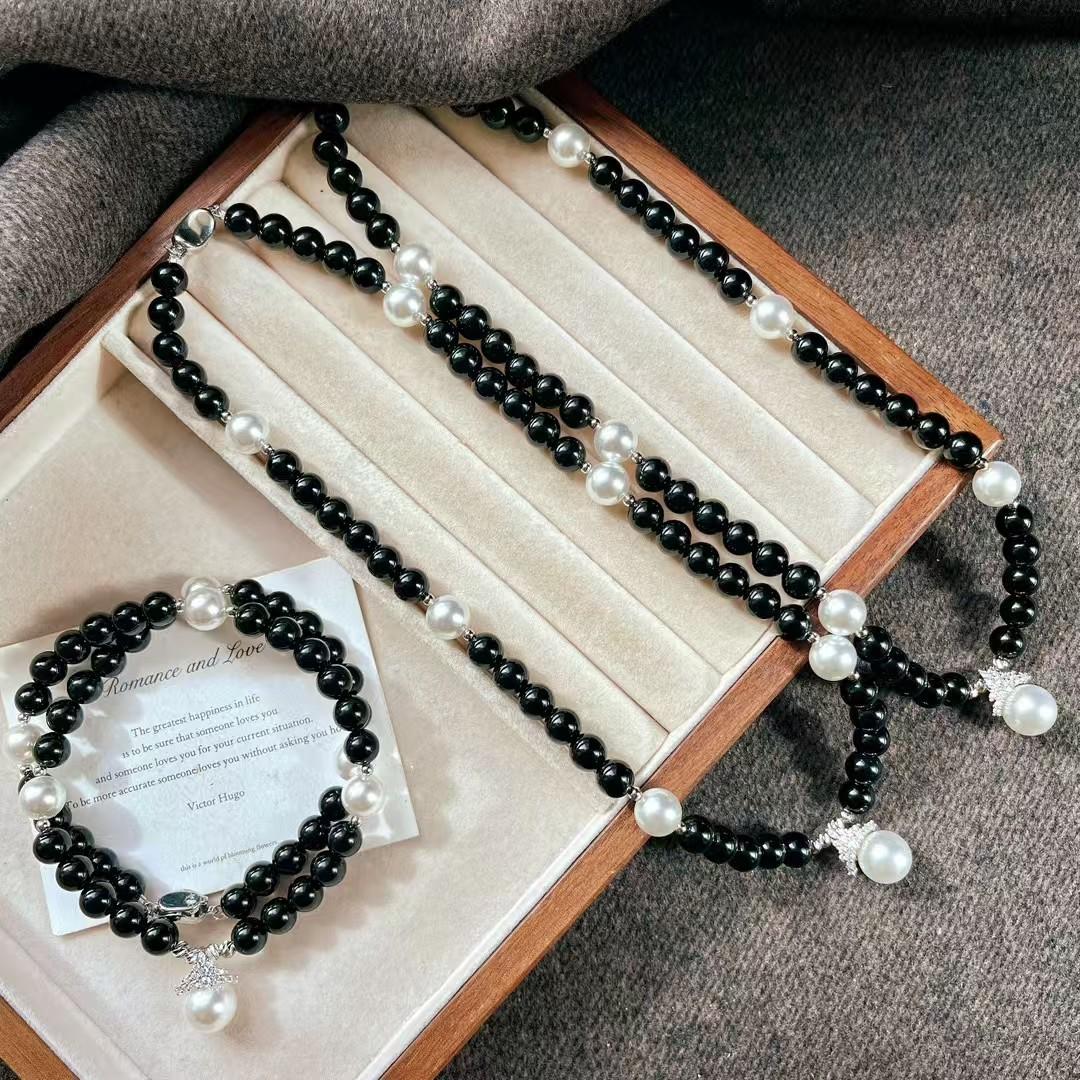 High Matching Retro Design Sense High Quality Natural Black Agate Ice Snowflake Queen Sweater Chain Necklace