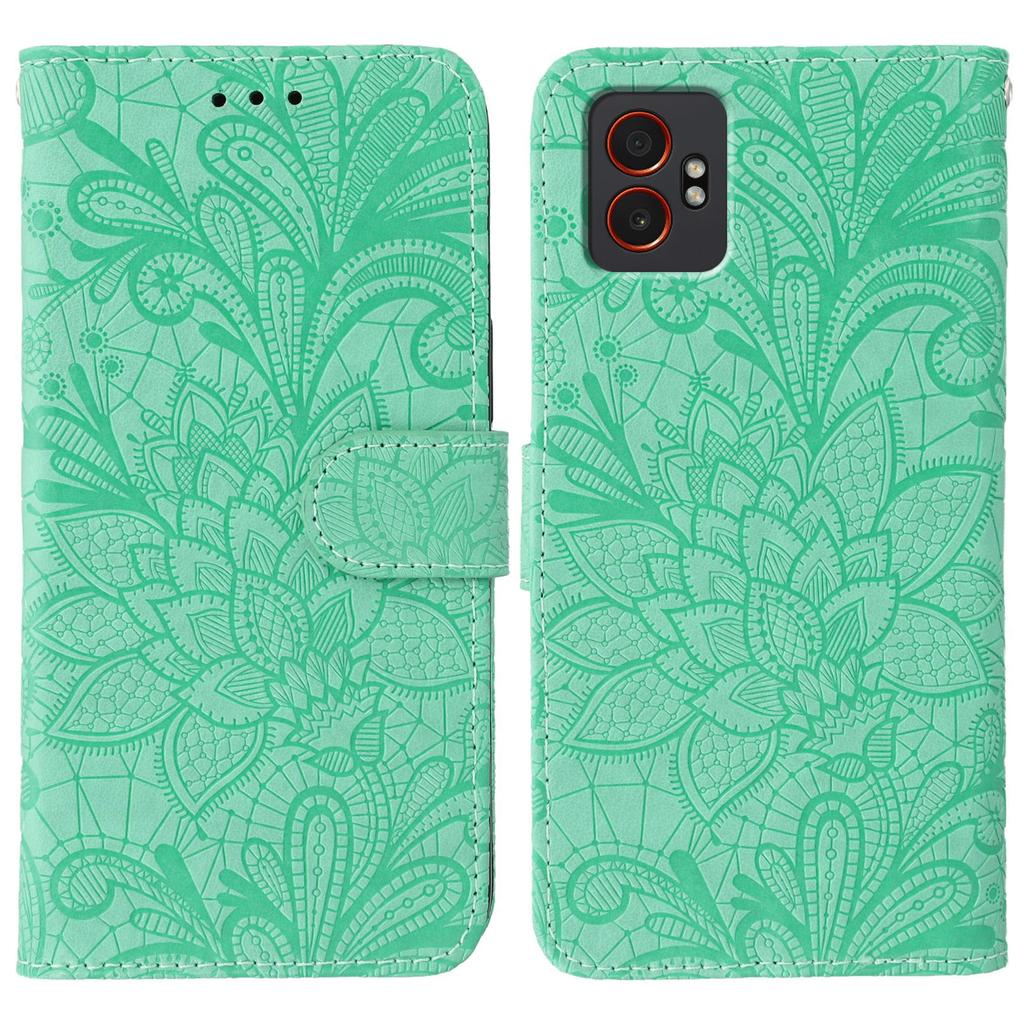 For Samsung Galaxy XCover7 Pro Case Lace Flowers PU Leather Flip Wallet Phone Cover with Wrist Strap