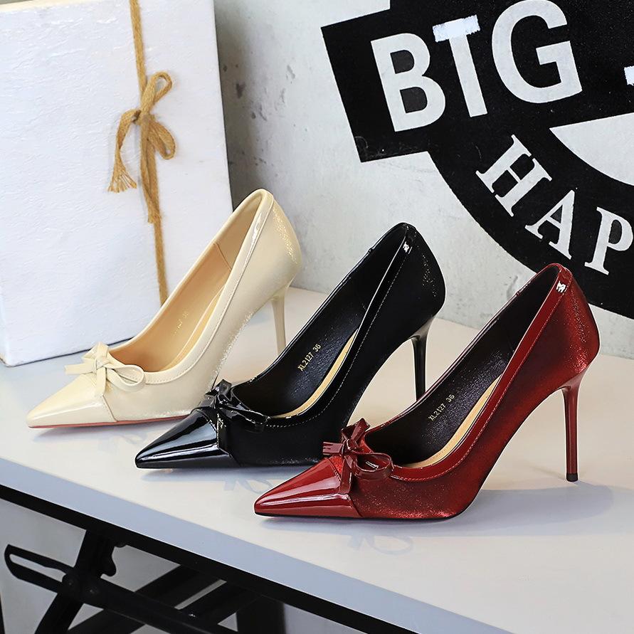 Fashion Classic Style New Women's Single Shoes Retro Simple Exquisite Workmanship Versatile Women Bow Pointed Toe High Heels 10.5CM