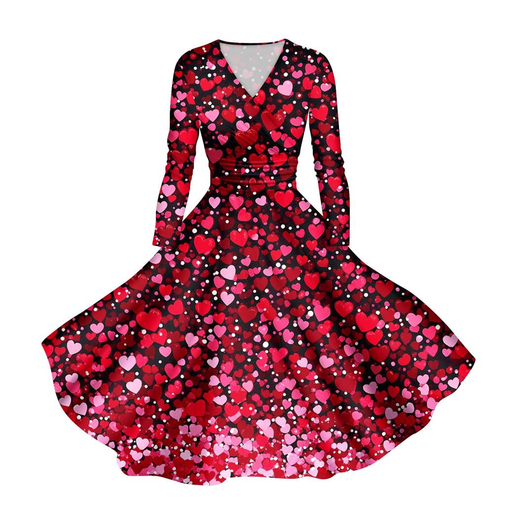 Women's Fashion Casual Valentine's Day Printed Long Sleeve V-Neck Sexy Dresses