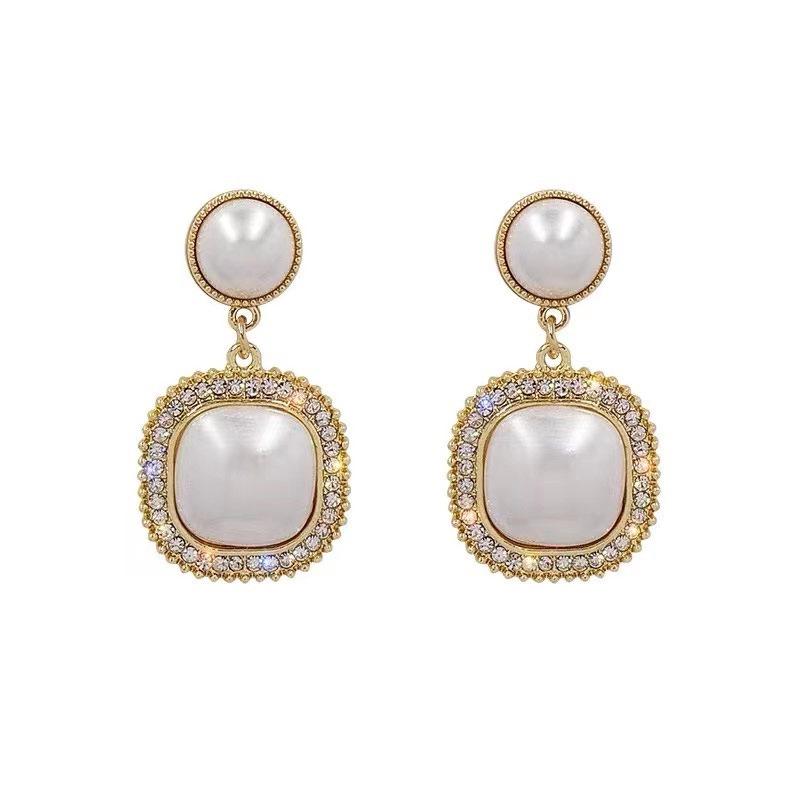 S925 Silver Geometric Square Pearl Stud Earrings with Diamond Inlay – French Minimalist Dangle Design for Women