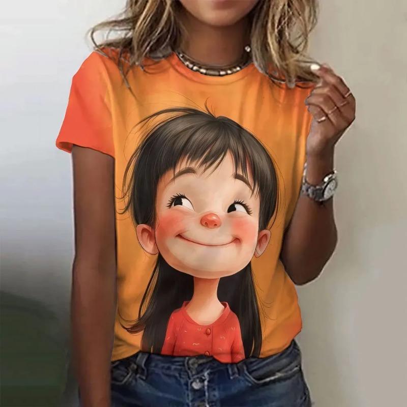 Summer Women's T Shirt Anime Girl Pattern Print Casual Short Sleeve Pullover Fashion Streetwear Cute Girl Tee Female Clothing