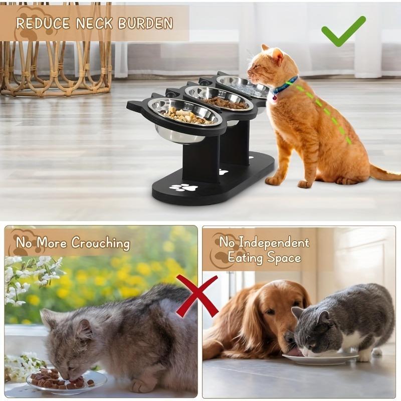 15° geneigter Futternapf für Haustiere mit auslaufsicherem Holzsockel und 3 Edelstahlnäpfen, ideal für Futter und Wasser von Katzen und kleinen Hunden.