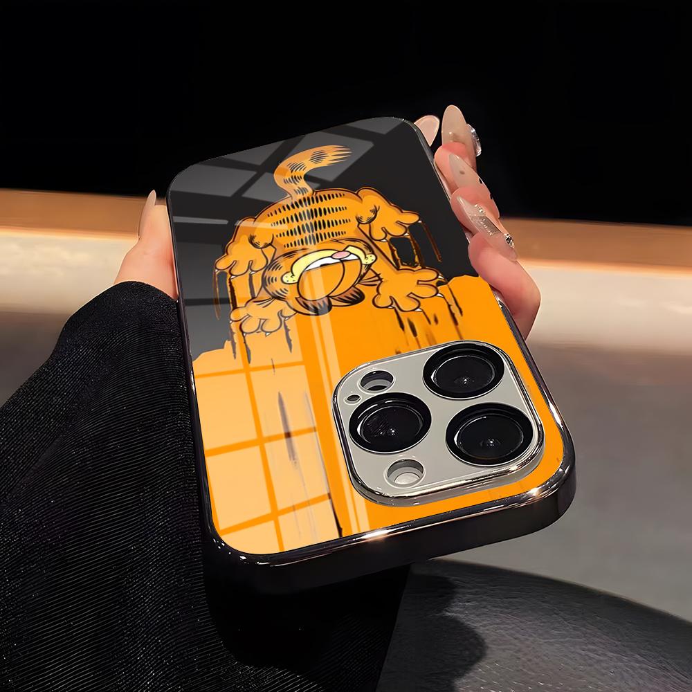G-Garfield Phone Case Luxury Glass Phone Case For IPhone 17 16 15 14 13 12 11 Pro Max Plating Frame Cover