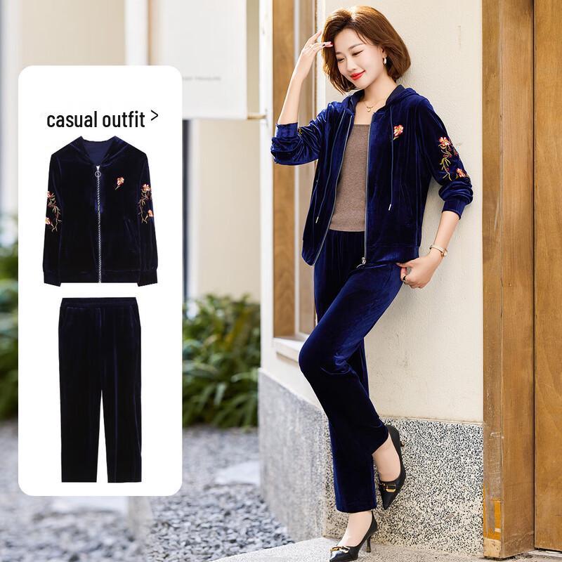 

Baolianduo Mid-Aged Women s Gold Velvet Hooded Sportswear Set XL