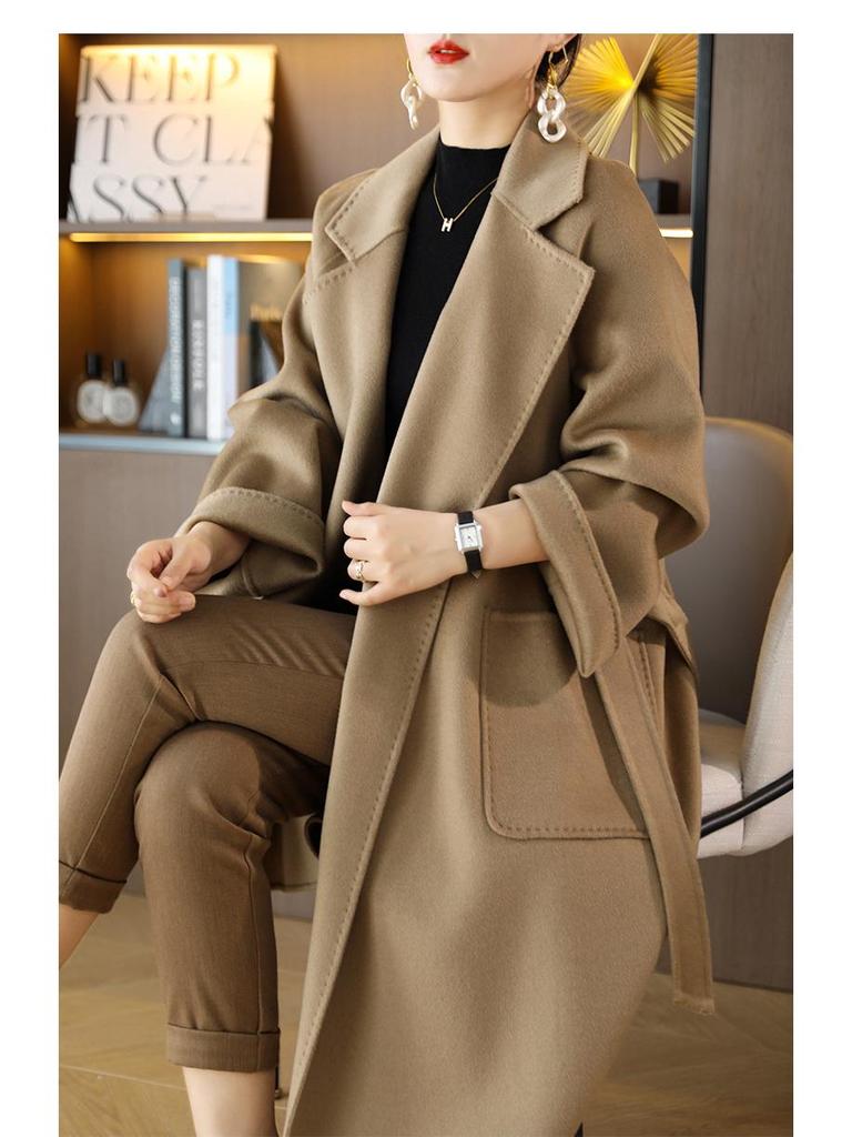 Women's Extra Long Double-Sided 100% Wool Coat with Belt for Autumn and Winter