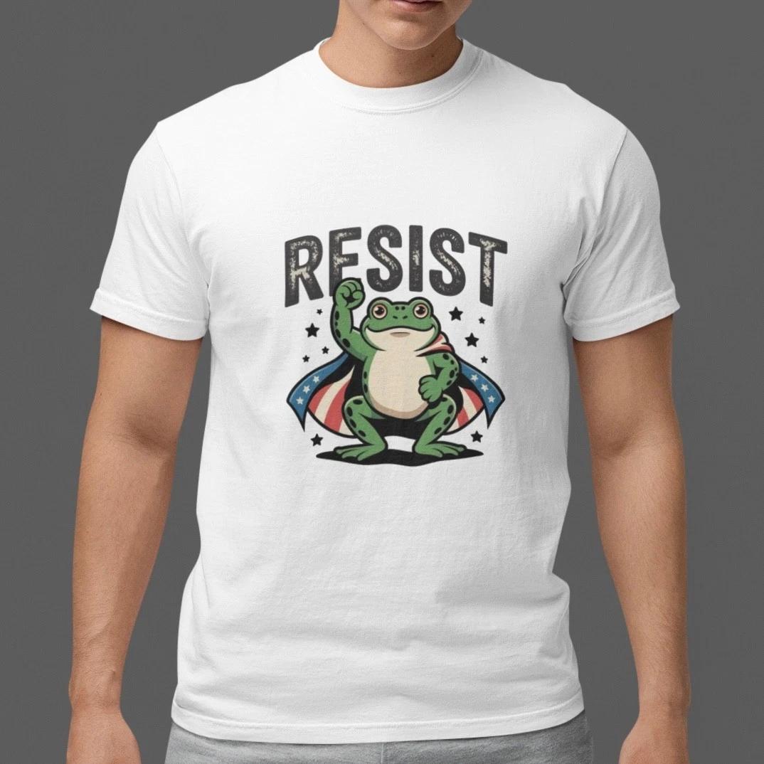 Resist Frog Superhero Funny Cartoon Graphic T-Shirt Cute Protest Style Tee L
