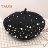 Women Beret Faux Pearl Rhinestone Decor Vintage English Style Woolen Hat No Brim Solid Color Adjustable Straps Pumpkin Cap