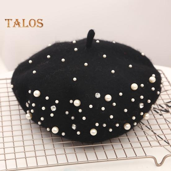 Women Beret Faux Pearl Rhinestone Decor Vintage English Style Woolen Hat No Brim Solid Color Adjustable Straps Pumpkin Cap
