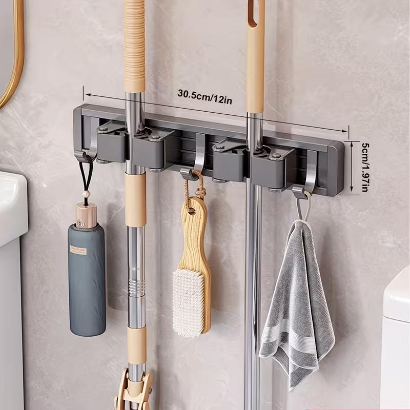 

Heavy Duty Metal Mop and Broom Holder Wall Mounted Adjustable Hooks Storage Organizer for Home Garage Kitchen Garden Space Saving Tool Rack 3 Hooks 2 Clips сірий